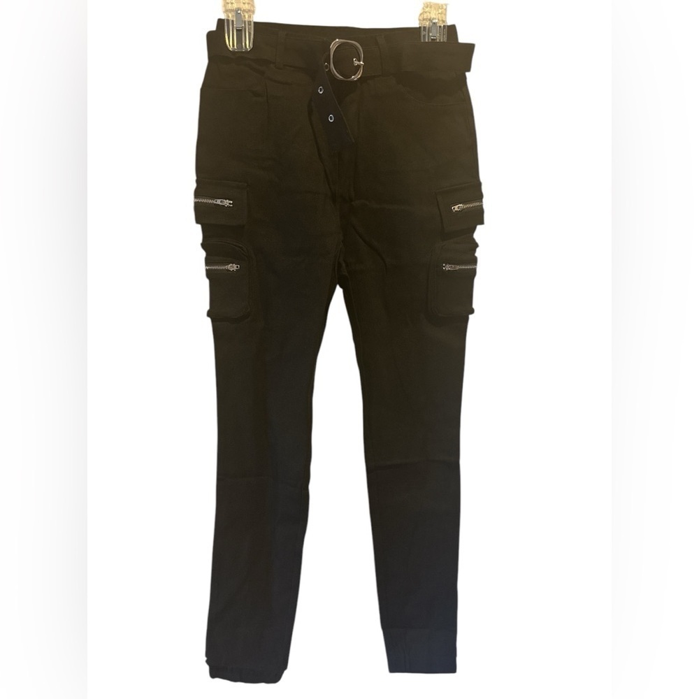 Black silver side zip belted pants NWOT